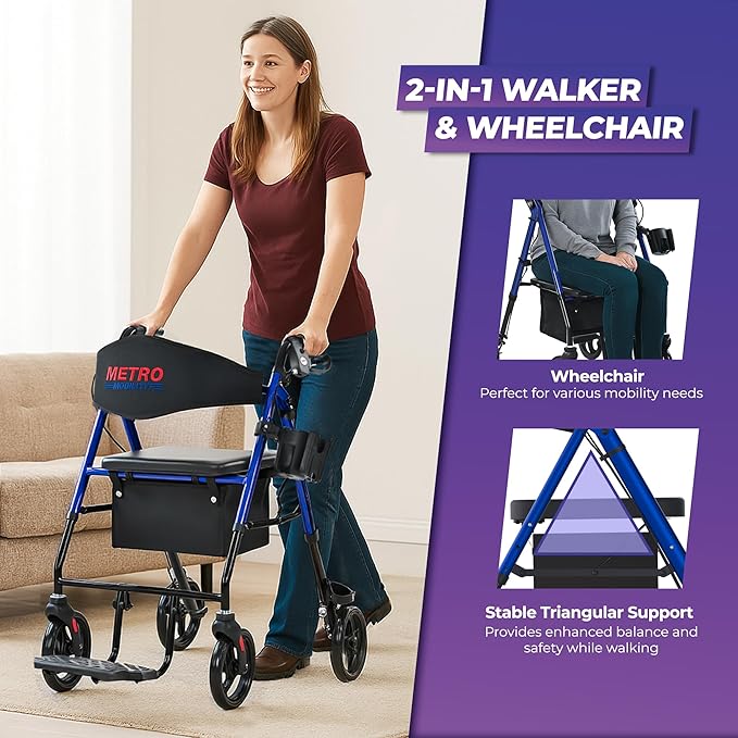 Metro Mobility 2 in 1 Rollator Walker & Transport Wheelchair, Foldable Lightweight Rollator Walker with Seat, 8" Big Wheels for All Terrain, 300 lb. Weight Capacity, Blue