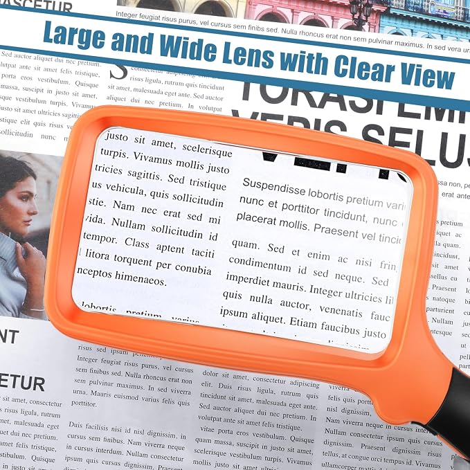 Folding Handheld Magnifying Glass with Light, 5X Large Rectangle Reading Magnifier with Dimmable LED for Seniors with Macular Degeneration, Newspaper, Book, Small Print, Lighted for Low Visions Orange