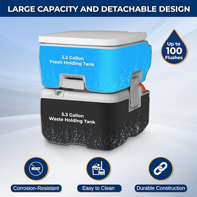 SereneLife Portable Toilet 5.3 Gal Camping Travel Outdoor Flush Toilet Seat | 5.3 Gal waste tank, 50+ flushes, leak-proof odor control, 3-way rinse system, no-splash disposal, durable portable design