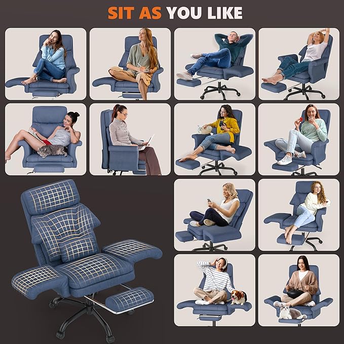 ELABEST C39 Cross Legged Office Chair with Footrest & Convertible Armrests-Pet-Friendly Criss Cross Home Desk Chair, Ergonomic Recliner with Lumbar Pillow,Big and Tall Executive Chair