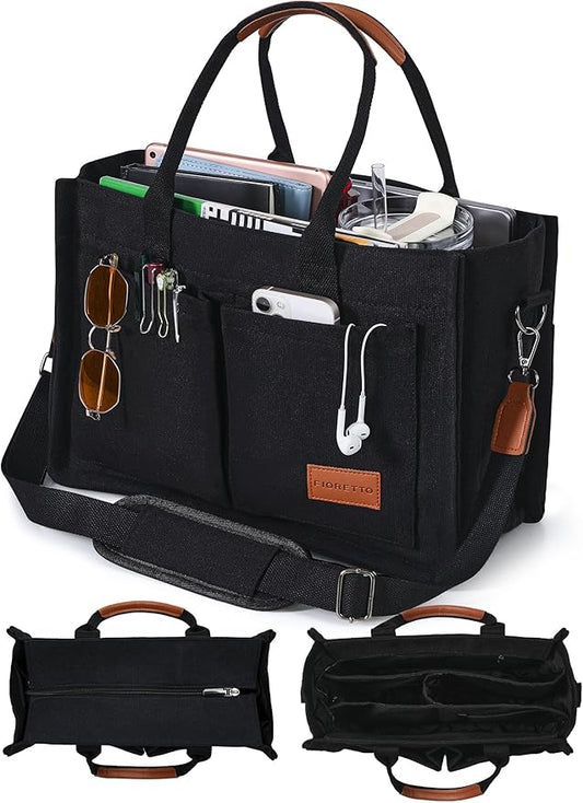 FIORETTO Canvas Tote Bag for Women with Zipper Closure & Individual Compartments for Work College for Teacher & Nurse