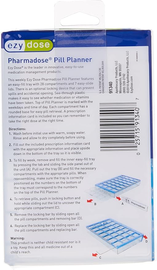 Ezy Dose Weekly (7-Day) Pill Case, Medicine Planner, Vitamin Organizer Box, Small Compartments with Easy Fill Tray, 4 Times a Day, Clear Lids, Color May Vary, BPA Free