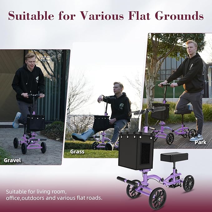 Lightweight Knee Scooter Crutch Alternative, Foldable & Adjustable Knee Scooter for Adults for Foot Surgery, Steerable Knee Walker with Detachable Basket, Includes DIY Stickers-Cream Purple