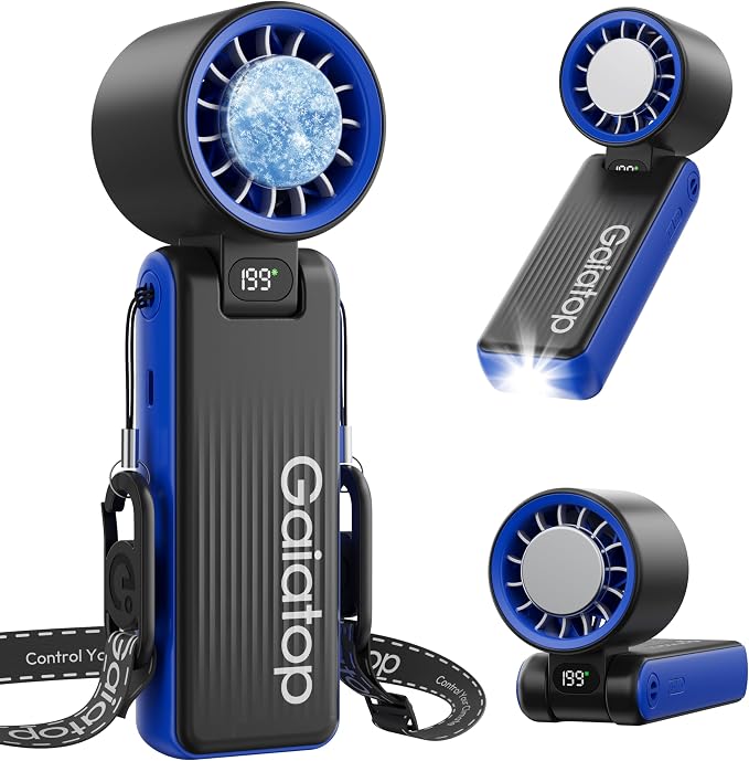 Gaiatop Portable Handheld Turbo Fan with Ice Cooler, 6000mAh, Max 32H | Cooling Fan Portable LED Light, 199-Speed Personal Fan, Rechargeable Hand Held Fans, Outdoor Travel essentials Classic Blue
