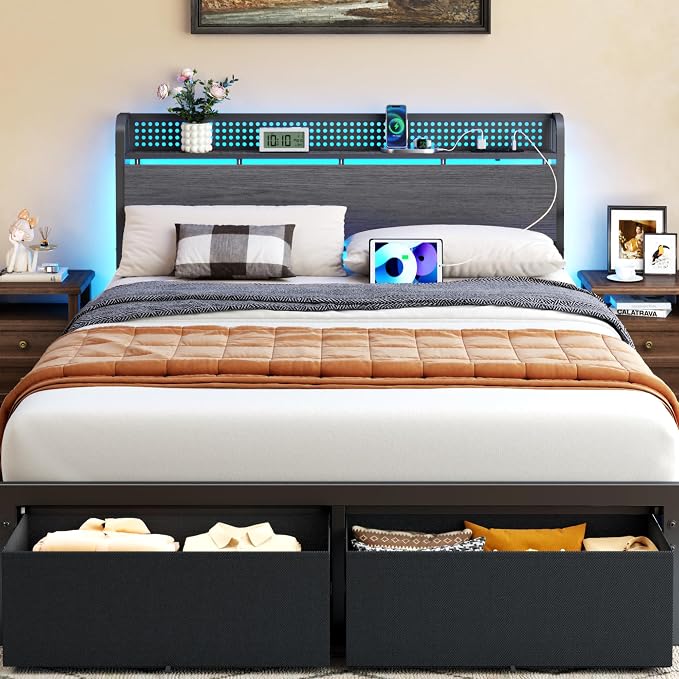 Queen Bed Frame with Headboard Storage, Charging Station, Drawers | 2-Tier Wood Shelves,LED Lights,1200 Lbs Capacity,USB & Type-C Ports,No Box Spring Needed,Noise Free,Easy Assembly,Rustic Grey