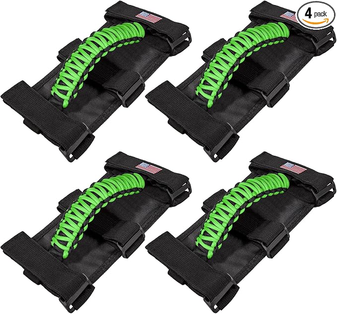 4 x Roll Bar Grab Handles Grip Handle for Jeep Wrangler JK JKU JL JLU TJ YJ Sport Sahara Freedom Rubicon Unlimited Gladiator JT 1955-2023 UTV ATV Premium Paracord Interior Accessories US Flag (Green)