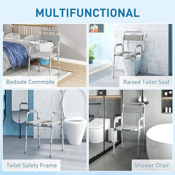 HOMCOM 4 in 1 Bedside Commode Shower Chair Portable Toilet Raised Toilet Seat with Handle for Seniors, Adults, Handicap, Adjustable Height, Gray