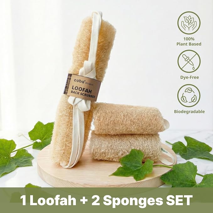 Natural Loofah Exfoliating Back & Body Scrubber Set | 40" Natural Whole Loofah Back Scrubber with Handles for Deep Cleansing | 100% Plant-Based Eco Luffa Shower Sponges for Women & Men