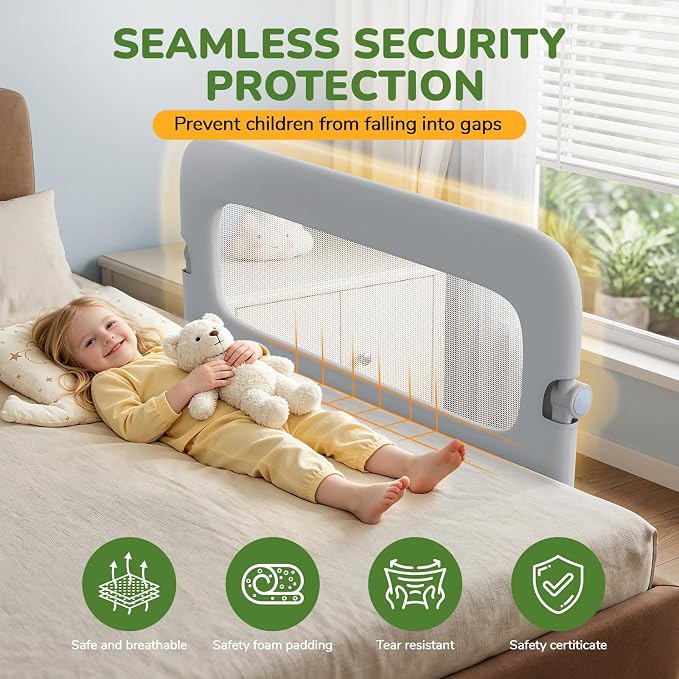 Bed Rail for Toddlers, 47 Inch Toddler Bed Rails, Bed Rail for Baby(Grey) | Adjustable Heights, Folding up Portable, Safe Metal Frame, For Baby, For Crib, Twin, Bunk, Full Size, Queen & King Bed