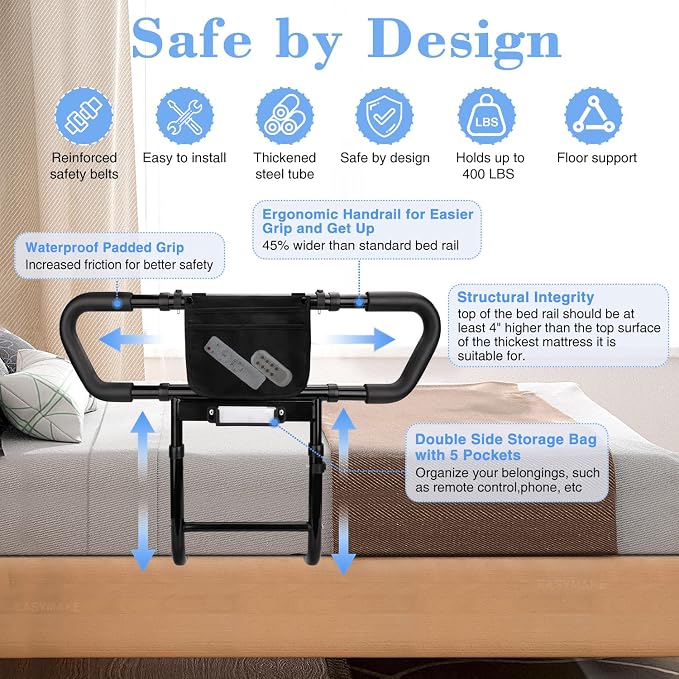 Bed Rails for Elderly Adults Safety: Adjustable Bedside Assist Rails with Storage Pockets, Non-Slip Handles, Items for Elderly Bed Rail, 400LB Gravity Capacity Black