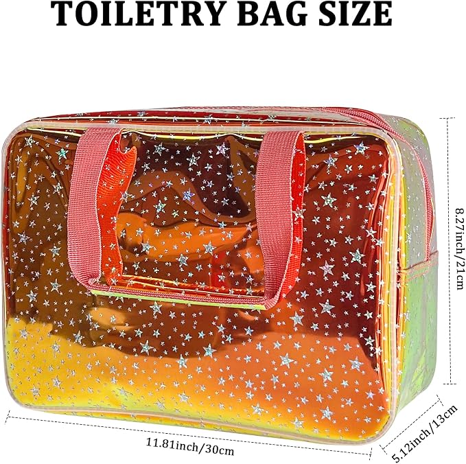 Holographic Brown Clear Star Large Cosmetic Bag and TPU Travel Pouch with Handle,Durable Material,Zipper Design-Ideal for Makeup,Travel Essentials 11.81x5.12x8.27inch (Brown)
