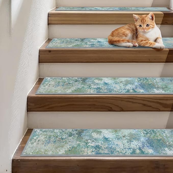 sarben 8"x30" Non Slip Stair Treads for Wooden Steps 15 Pack,Art Blue Green | Peel and Stick Carpet Stair Runner with TPE Adhesive Backing, Carpet for Added Safety, Pet and Senior Friendly
