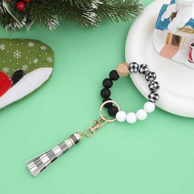 BAOSIWA Silicone Beaded Bracelet Keychain Wristlet Key Ring Bangle Chains for Women with Leather Tassel