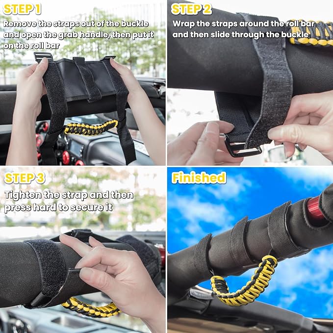 4 x Roll Bar Grab Handles Grip Handle for Jeep Wrangler JK JKU JL JLU TJ YJ Sports Sahara Freedom Rubicon Unlimited Gladiator JT 1955-2023 UTV ATV Premium 550 Paracord Interior Accessories (Yellow)