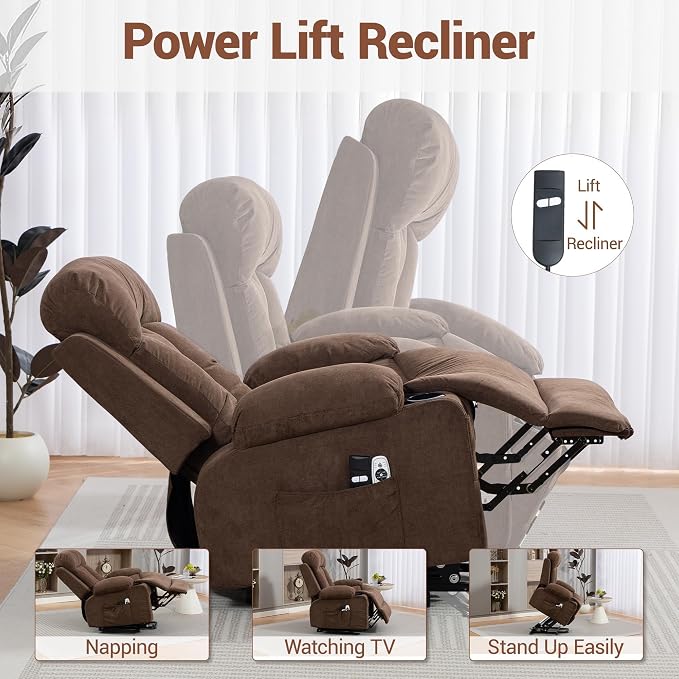 Power Lift Recliner Chair for Elderly, Electric Recliner with Vibration Massage, Lumbar Heat, USB Port & Cup Holders, Ergonomic Living Room Sofa, Brown