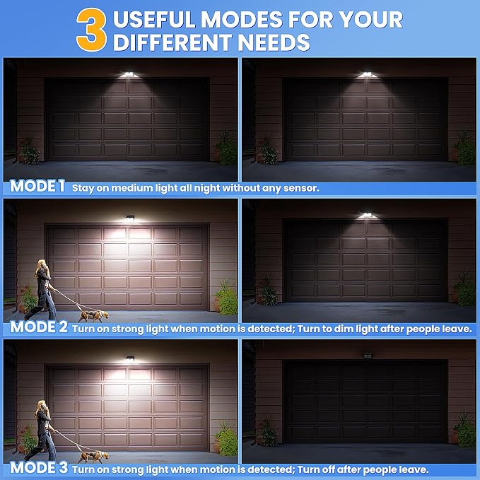[2 Packs] Solar Motion Sensor Outdoor Lights, Super Bright Solar Lights Outdoor Waterproof, 3 Lighting Modes Security Wall Light for Outside Walking Dog Fence Backyard Deck Garden Door Step Garage