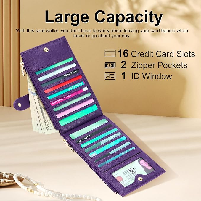 Travelambo Womens Leather Bifold Wallet, Slim RFID Blocking Card Holder | Large Capacity, 16 Card Slots & ID Window, 2 Zipper Pockets, Dual Snap Closure, Slim Lightweight, RFID Privacy Protection