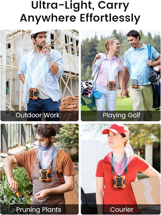 Koonie Waist Clip-on Shirt Fan, 100 Levels of Speeds, 24H Use Time, Orange | Cool Clip Fan Under Shirt Fan, Rechargeable Battery, Wearable Belt Personal Device for Outdoor Work, Camping, Travel