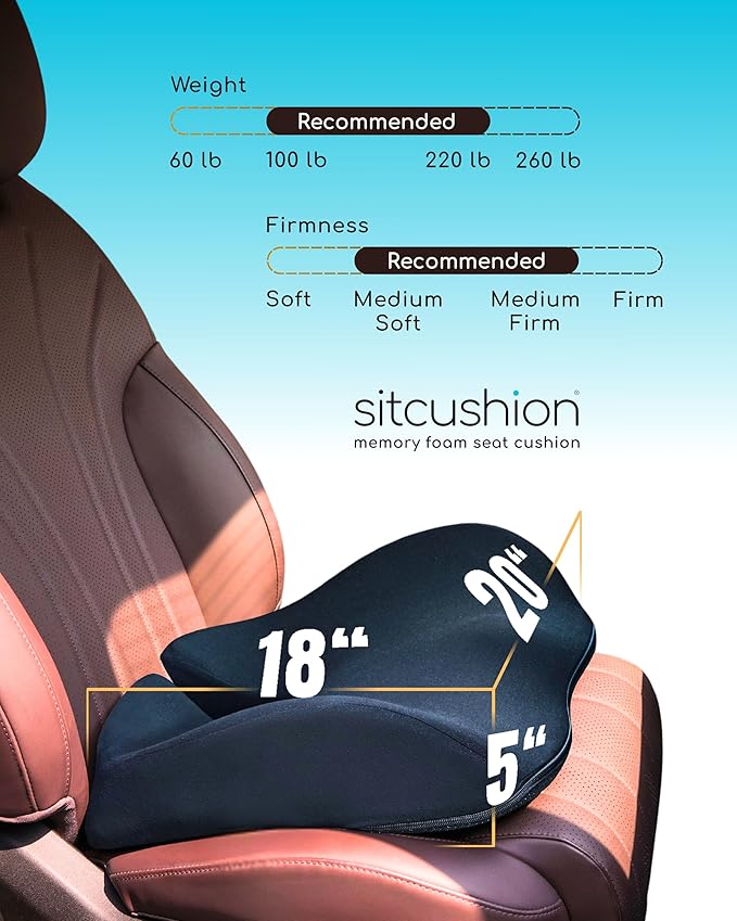 Car Seat Cushion for Long Driving, Extra Large Memory Foam Seat Cushion for Sciatica Pain Relief, Car Essentials Orthopedic Pillow for Back Support, Tailbone Pain Relief Cushion (Black)