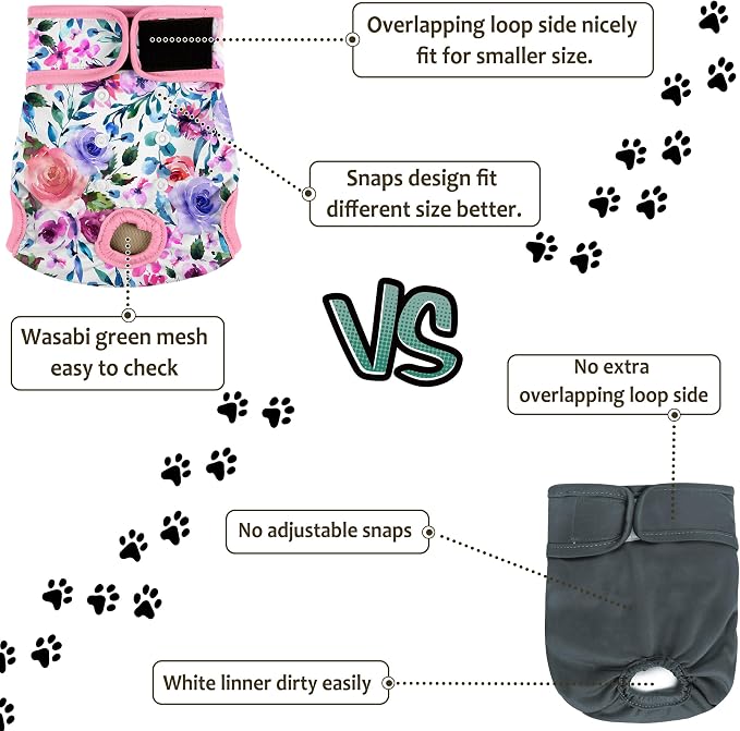 Dog Diapers Female - Reusable Diapers for Doggie in Heat - Highly Absorbent for Pet Incontinence with Snaps (Pack of 3) Rose, S