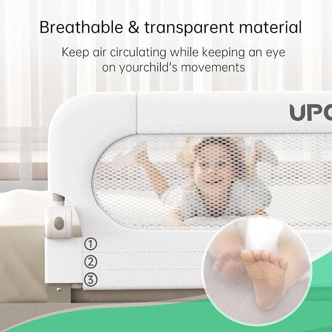 UPGOGO Folding Bed Rail for Toddlers, White, 59" L x 23.6" H | U-shaped base，Reinforced Anchors, Built-in Sponge , Secure lock