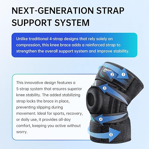 Knee Brace for Men and Women, Adjustable Knee Support with Side Stabilizers, Open Patella 5-Strap 360° Wrap Knee Stabilizer for Meniscus Tear, ACL, MCL, Arthritis & Knee Pain (Black, Medium)