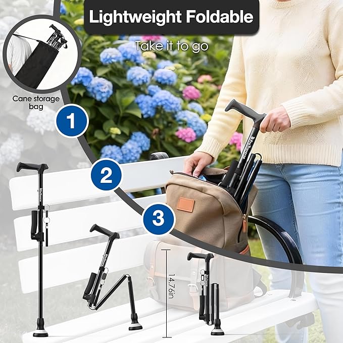 Walking Cane for Men & Women,Foldable,Adjustable,Self Standing Cane with Second Handle,350lbs Heavy Duty,All Terrain,Collapsible Walking Sticks for Seniors & Adults,Black