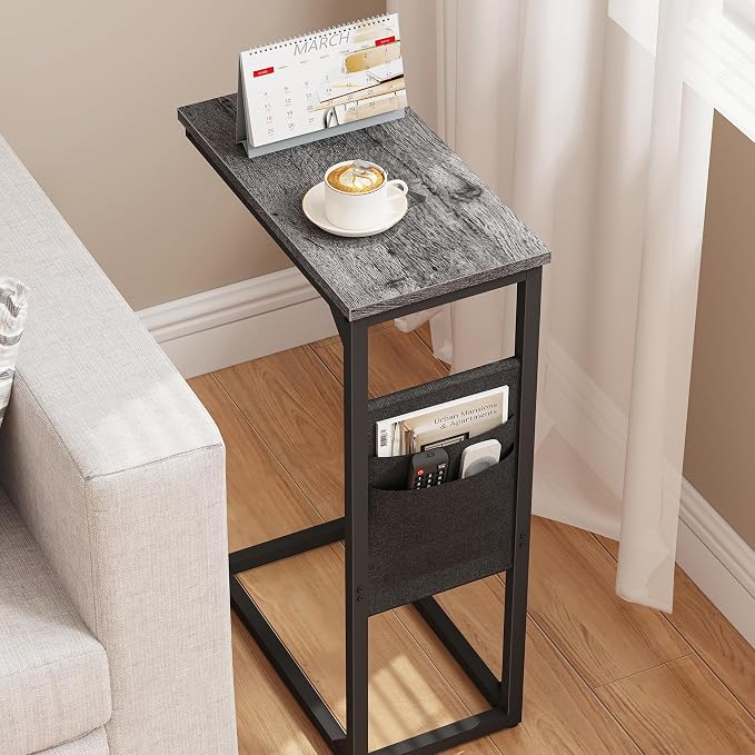 TUTOTAK C Shaped End Table, Side Table for Couch, Sofa Table | with Storage Bag, TV Tray for Living Room, Bedroom, Grey TB01BY082