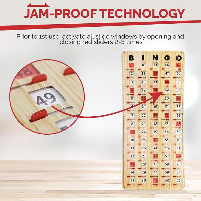MR CHIPS Large 14.75" L x 6.75" W Jam-Proof Finger Tip Bingo Master Board Card with Large 3/4" Sliding Windows, Thick 5 Ply Cardboard, Tan Woodgrain Style, Perfect for Tracking Bingo Games