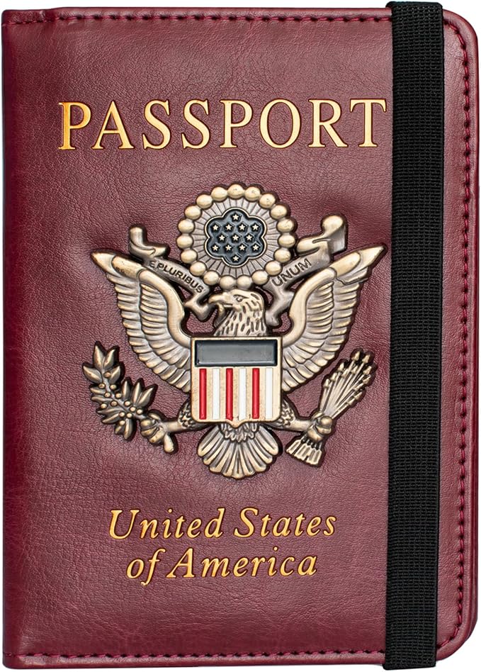Passport Holder and Card Slot Combo RFID Blocking Leather Travel Passport Wallet for Men and Women US Passport Cover, Wine Red