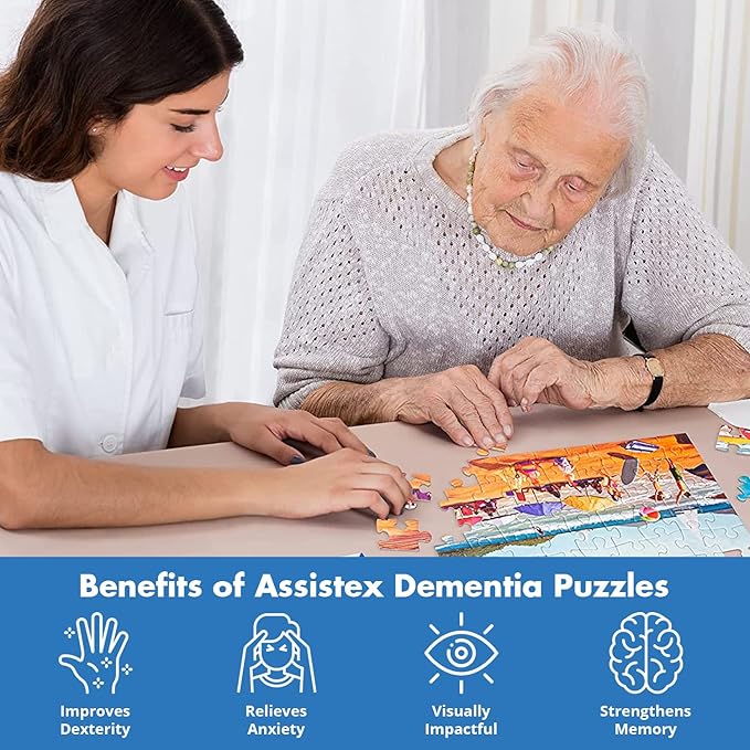 Assistex Large Piece Jigsaw Puzzle for Seniors with Dementia with Conversation Prompts, Large Piece Memory Game for Adults, Elderly, and Dementia Patients – Beach Puzzle, 63 pcs