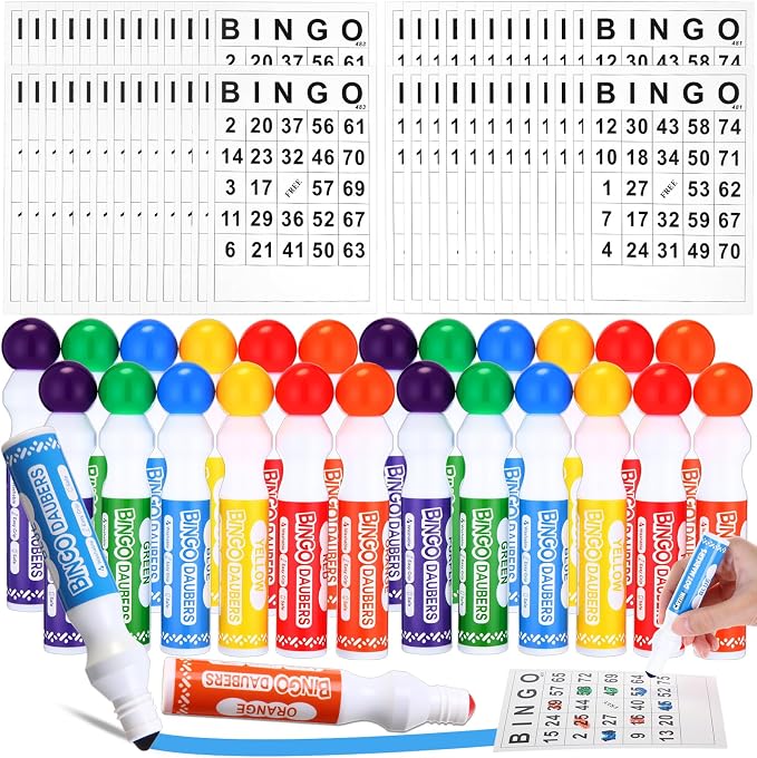 Crtiin 204 Pack Bingo Game Cards and Daubers Set Includes 180 Disposable Paper Game Sheets, 24 Mixed Colors Dot Markers Party Supplies for Card Games Activity Family Gathering Night