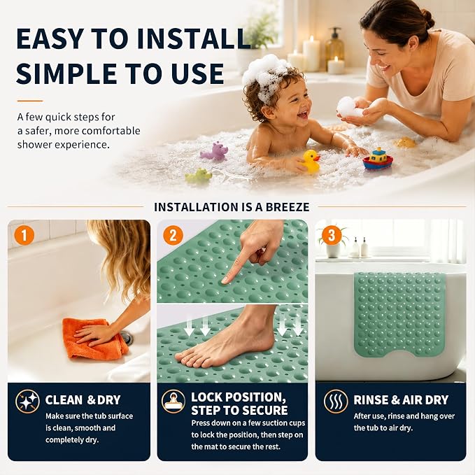 Yimobra Non Slip Bathtub Mat 40 x 16 Inch, Extra Long Shower Mat with Drain Holes, Machine Washable Baby Bath Mats, Strong Suction Cups for Bathroom Floor, Green