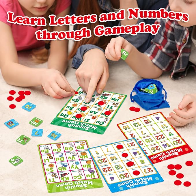 Quilinz Spanish Alphabet Bingo Games,Letter/Number/Sight Word for Kindergarten,ABC and 123 Bingo Board Match Games for Kids 4-6,Learn Spanish Flash Cards,Toddler Educational Toys