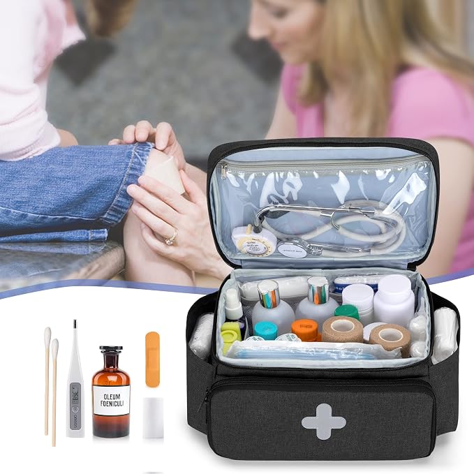 CURMIO Small Medicine Storage Bag, Empty Family First Aid Kits Case, Black | Emergency Medical Supplies for Home Care, Pill Bottle Organizer, Multifunctional Bag for Medical Use, Dormitory, Travel