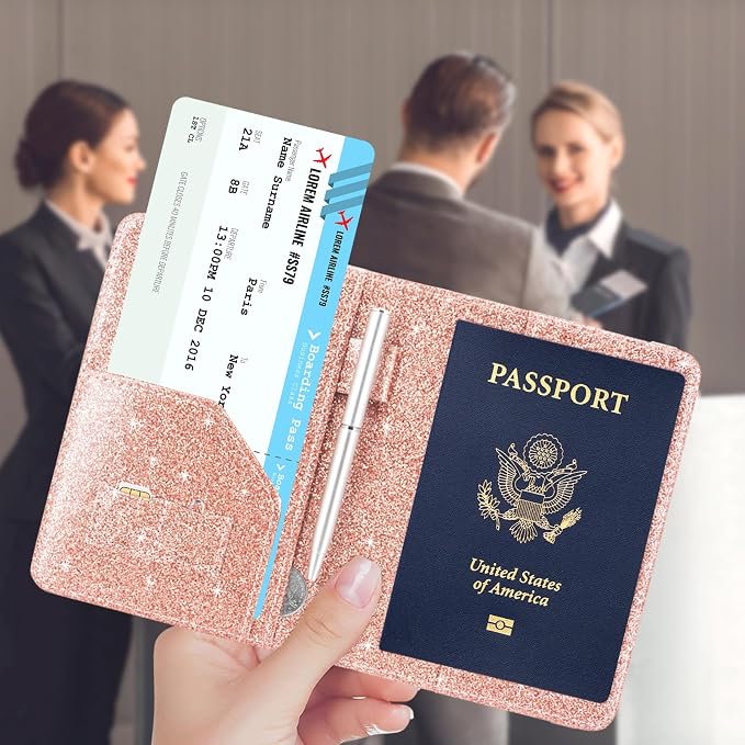 ACdream RFID BLOCKING Passport Holder Travel Wallet, Premium PU Leather Cover Passport Book with Card Holder, Pen Holder, Keep Organization, and Travel Essentials for Women and Men, Glitter Rose