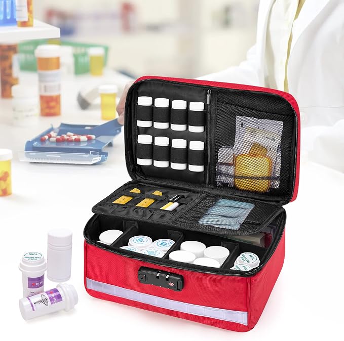 Damero Pill Bottle Organizer with Combination Lock and Inner Dividers, Red | Medicine Lock Bag, Medicine Storage and Organizer Bag for Pill Bottles, Vitamins and Medical Supplies