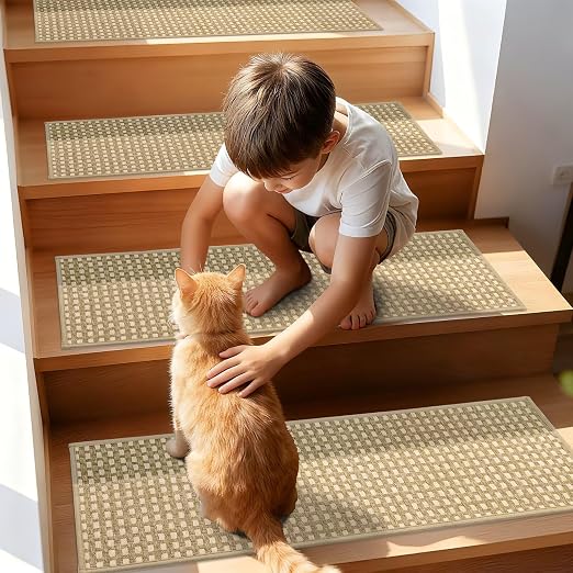 DEXDE Stair Treads Landing Mat 30"x30" Non-Slip, Beige 1pcs | Chenille & Linen Matching Mat for Wooden Steps Indoor, Carpet Stair Rugs Backing Washable Self-Adhesive Stair Carpet