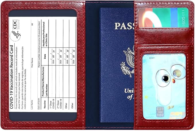 Passport Holder Cover Wallet Case RFID Blocking Leather Card Slot Travel Accessories Documents Organizer Protector for Women Men, Wine Red
