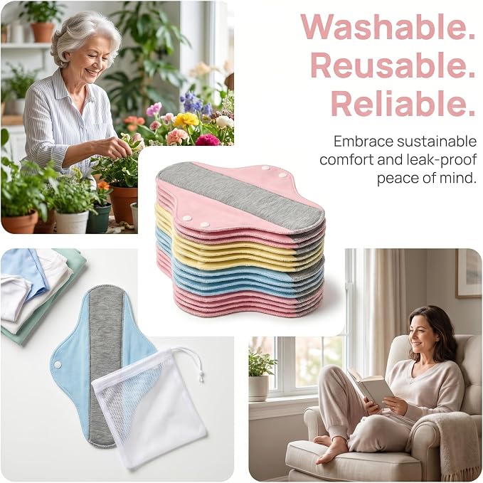 Reusable Incontinence Pads for Women & Elderly — Washable Leak-Proof Waterproof Cotton Velours Protection Pads, Day & Night Comfort (6pcs)