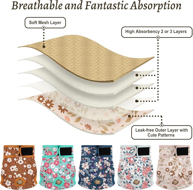Female Dog Diapers 5Pcs - Premium Reusable Diapers for Doggie in Heat - Highly Absorbent Dog Diapers Female for Pet Incontinence with Adjustable Snaps, Breenish Lily Flower, L