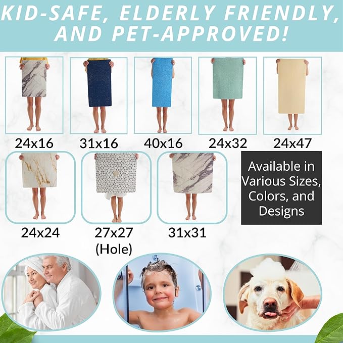 Soft Shower Mat Non Slip - PVC Loofah Inside or Outside Showers, Bathtubs, Bathrooms, and Wet Areas - Safe for Textured Tiled and Smooth Floor - No Suction Cups Secure Anti Slip (Navy 24 x 47)