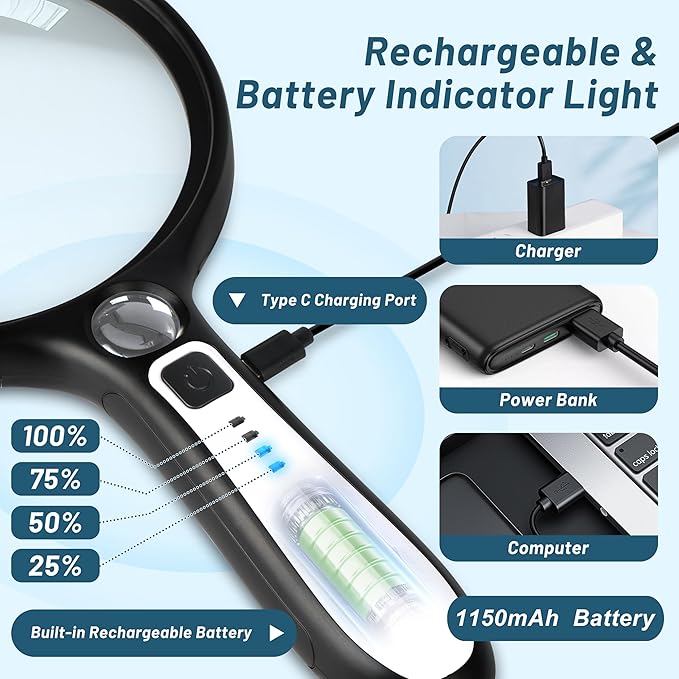 Large Magnifying Glass with Light: 10X 30X 5IN Lighted Handheld Magnifier with 13 LED Lights 3 Modes, 1150mAh Rechargeable Magnifying Lens Gift for Seniors Reading Coins Close Work-Black+White