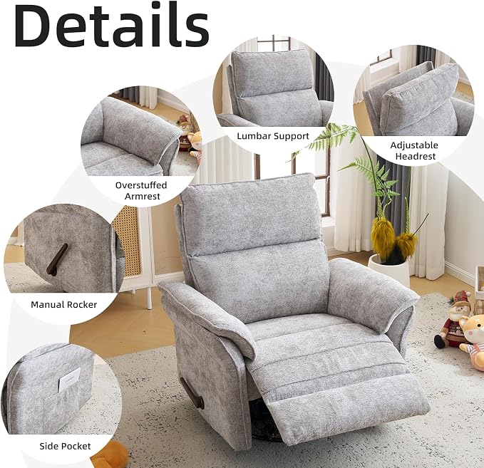 Oversized Glider Rocker Recliner, 24" Extra Wide 360° Swivel Nursery Recliner with Adjustable Headrest, Chenille Rocking Nursery Chair with Overstuffed Armrest, Lumbar Support, Light Grey