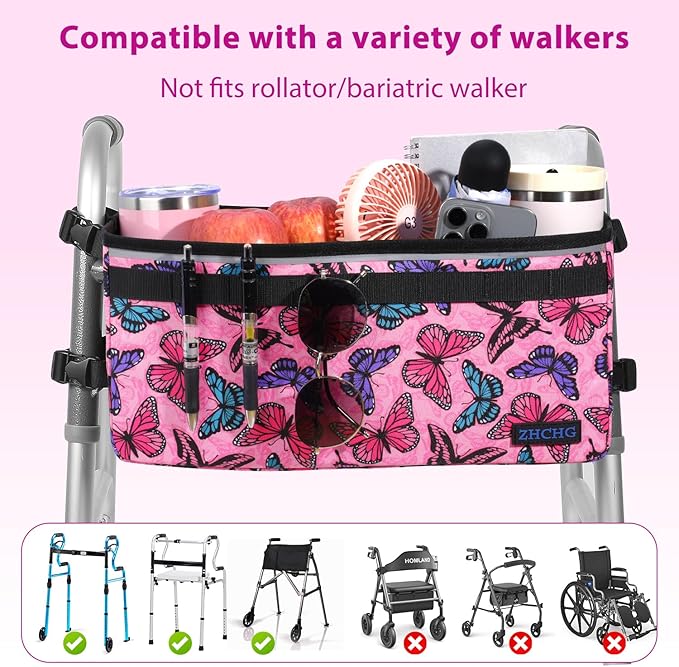 ZHCHG Walker Basket for Seniors, Walker Accessories Bag for Folding Walker | Large Capacity & Never Tipping Over, Best Gift- (Not Fit Rollator Walkers)- Light Pink Butterfly