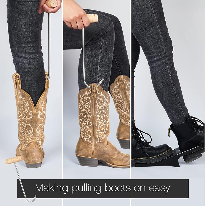 Cunhill 3 Pcs Boot Hook and Jack Set, Long Handle Cowboy Boot Puller, Stainless Steel & Wood, No Bending Required, For Seniors, Disabled, Pregnant Women, Men & Women