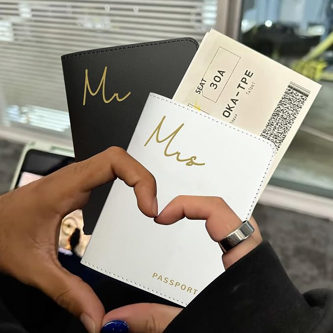 Mr&Mrs Gifts Matching Passport Holders for Mr and Mrs, Gold Foil Logo, Dual PU Leather with Card Pockets, Honeymoon Travel Essentials Gift for Newlyweds(MM Black White)