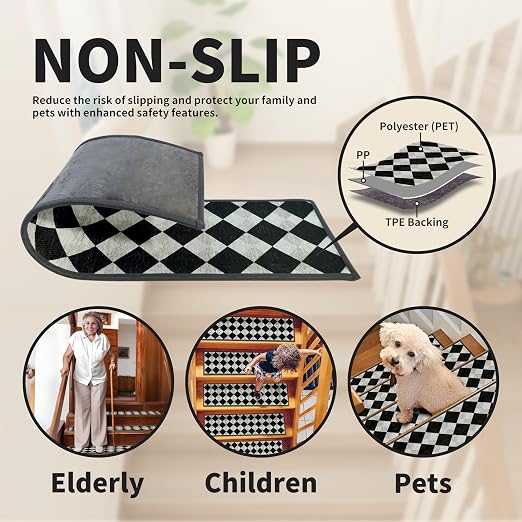 Non Slip Stair Treads for Wooden Steps, 1 Pack 30"x30" Washable Carpet | 30x30 in soft chenille polyester stair treads with reusable TPE backing for indoor wood stairs, dogs, kids, and seniors