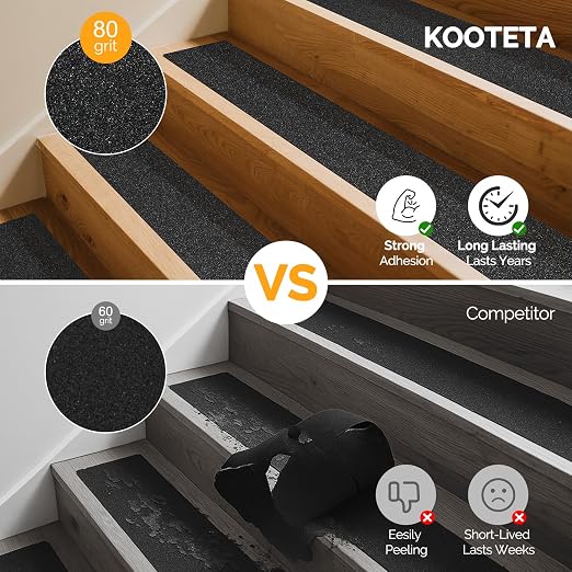 Outdoor Stair Treads for Wooden Steps Non Slip, KOOTETA 8 Pack 30" x 6"Anti Slip Strips Adhesive for Stair, Waterproof Weather Resistant Exterior Grip Tape 80-Grit Non Skid Traction Stair Treads,Black