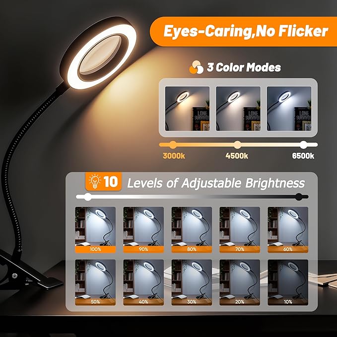 Akynite 10X Magnifying Glass with Light for Crafts, 3 Color+9 Brightness | Hands Free, Flexible Gooseneck, USB, No Adapter, Dimmable, 58 LED, 2 in 1 Magnifier Desk Lamp for Reading DIY Repair